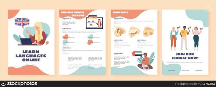 Learn languages online flat vector brochure template. Booklet, leaflet printable flat color design. Editable magazine page, reports kit with text space. Sigmar One, Balsamiq Sans, Comfortaa fonts used. Learn languages online flat vector brochure template