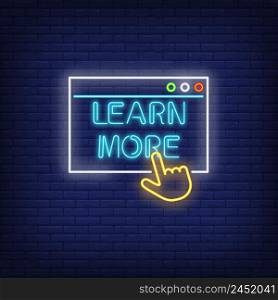 Learn more neon sign. Active link on brick wall background. Vector illustration in neon style for banners, posters, web design