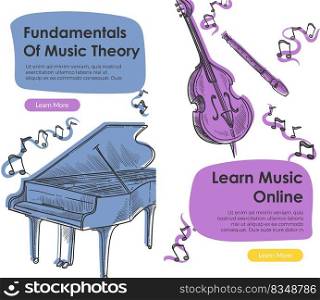 Learn music online, fundamentals of music theory, piano and violin. Website page with courses and lessons for beginners. Classes for school students, children and adults. Vector in flat style. Fundamentals of music theory, learn online web