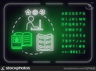 Learn plants classification neon light concept icon. Home gardening. Houseplants caring. Flowers sorts idea. Outer glowing sign with alphabet, numbers, symbols. Vector isolated RGB color illustration