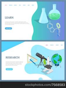 Learn screen decorated by 3D bulbs with liquid and formula. Research website with telescope and microscope. Scientific page with online discovery vector. Webpage template, landing page in flat style. Learn Screen, Research Discovery Website Vector