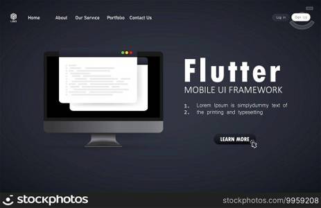Learn to code Flutter Mobile UI Framework on computer screen, programming language code illustration. Vector on isolated white background. EPS 10.. Learn to code Flutter Mobile UI Framework on computer screen, programming language code illustration. Vector on isolated white background. EPS 10
