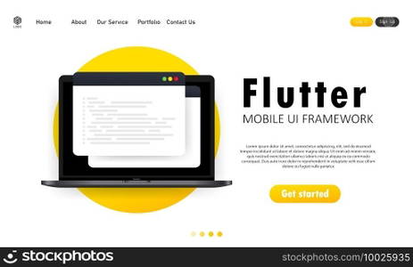 Learn to code Flutter Mobile UI Framework on laptop screen, programming language code illustration. Vector on isolated white background. EPS 10.. Learn to code Flutter Mobile UI Framework on laptop screen, programming language code illustration. Vector on isolated white background. EPS 10