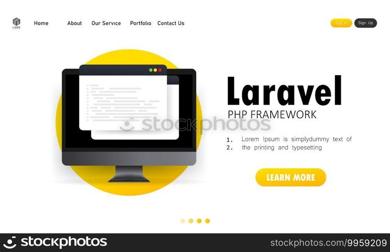 Learn to code Laravel PHP Framework programming language on computer screen, programming language code illustration. Vector on isolated white background. EPS 10.. Learn to code Laravel PHP Framework programming language on computer screen, programming language code illustration. Vector on isolated white background. EPS 10