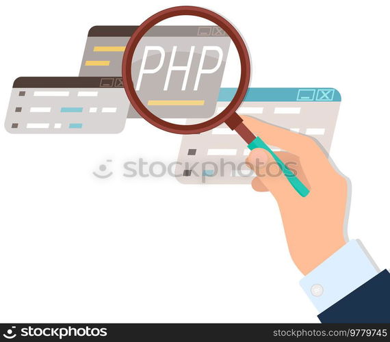 Learn to code PHP web programming language with script code on webpage on screen web development. Writing API and interface code. Programmer working in virtual program, computer laptop script. Learn to code PHP web programming language with script code on webpage on screen web development