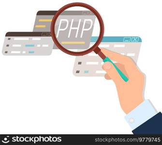 Learn to code PHP web programming language with script code on webpage on screen web development. Writing API and interface code. Programmer working in virtual program, computer laptop script. Learn to code PHP web programming language with script code on webpage on screen web development