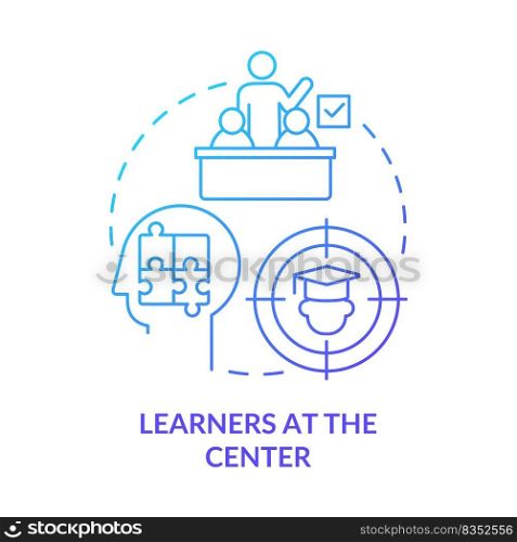 Learners at center blue gradient concept icon. Student-centered education. Principle of learning abstract idea thin line illustration. Isolated outline drawing. Myriad Pro-Bold fonts used. Learners at center blue gradient concept icon
