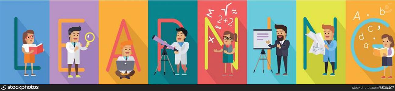 Learning alphabet vector concept. Flat style. Scientist, teacher, student characters with staff on color background and letters. Astronomy, literature, engineering, math, programming illustrating. . Learning Vector Concept in Flat Style Design. Learning Vector Concept in Flat Style Design