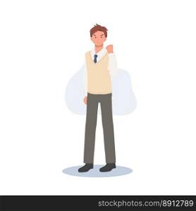 Learning and Education concept. Korean student character. Full length of Male student in school uniforms doing victory pose gesture.
