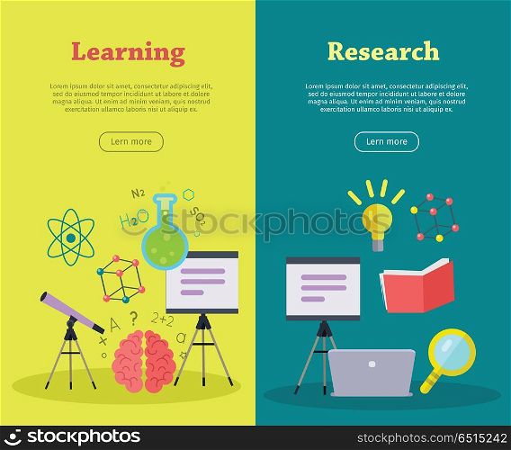 Learning and research concept vector web banners. Flat style. Vertical illustration for educational, medical and scientific online services startups, corporate web sites, business landing pages design. Set of Scientific Vector Web Banners in Flat Style. Set of Scientific Vector Web Banners in Flat Style