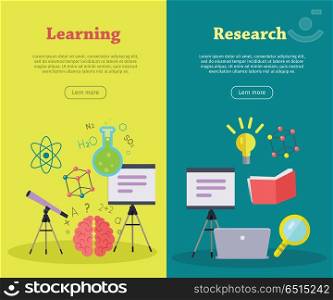 Learning and research concept vector web banners. Flat style. Vertical illustration for educational, medical and scientific online services startups, corporate web sites, business landing pages design. Set of Scientific Vector Web Banners in Flat Style. Set of Scientific Vector Web Banners in Flat Style