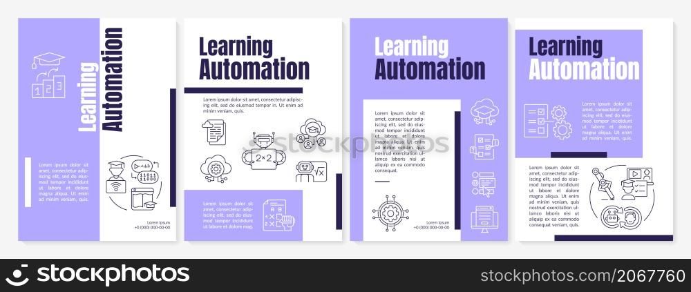 Learning automation purple brochure template. Education. Booklet print design with linear icons. Vector layouts for presentation, annual reports, ads. Arial Black, Myriad Pro Regular fonts used. Learning automation purple brochure template