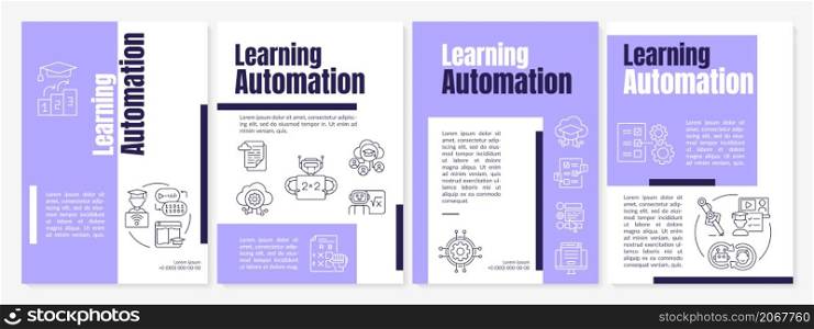 Learning automation purple brochure template. Education. Booklet print design with linear icons. Vector layouts for presentation, annual reports, ads. Arial Black, Myriad Pro Regular fonts used. Learning automation purple brochure template