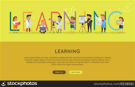 Learning Banner. Educational Concept. Laboratory. Learning science banner. Human characters in white gowns with scientific instruments. Educational concept. Modern technology. Vector illustration in flat style. For education sources ad, infographics