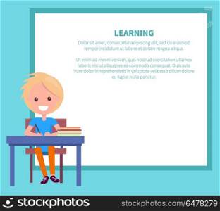 Learning Banner with Blonde Boy with Textbook. Learning banner with blonde boy with textbooks at school. Vector illustration of begginer on 1st of September, back to school concept