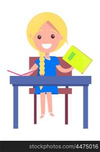 Learning Banner with Blonde Girl with Textbook. Blonde girl with textbooks sits at deskisolated on white background. Vector illustration of begginer on 1st of September, back to school concept