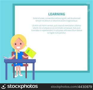 Learning Banner with Blonde Girl with Textbook. Learning banner with blonde girl with textbooks at school. Vector illustration of begginer on 1st of September, back to school concept