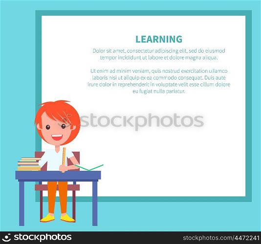Learning Banner with Redhead Boy with Textbook. Learning poster with schoolboy sitting at table with pile of books, vector illustration in back to school concept with place for text in frame