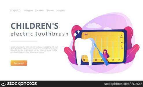 Learning brush teeth through play. Children's electric toothbrush, sensor smart toothbrushes, app connected tooth cleaning, fun oral care concept. Website homepage landing web page template.. Children's electric toothbrush concept landing page