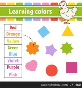 Learning colors. Education developing worksheet. Lovely hen. Activity page with pictures. Game for children. Isolated vector illustration. Funny character. Cartoon style.