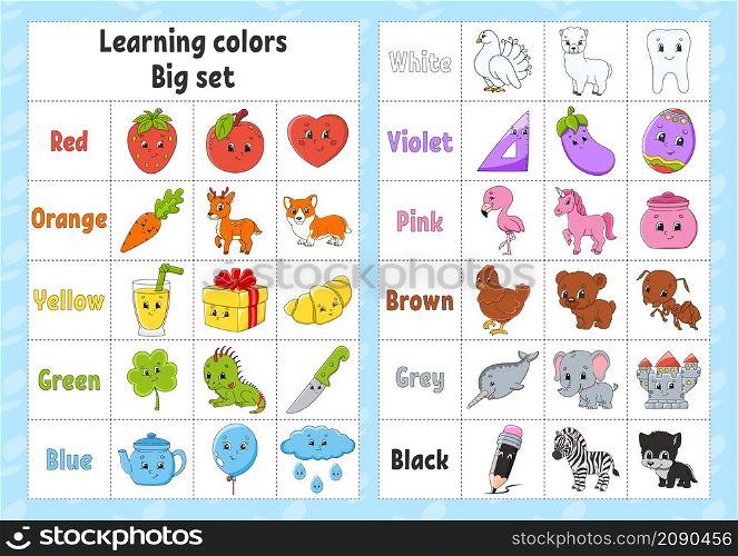 Learning colors. Flashcard for kids. Cute cartoon characters. Picture set for preschoolers. Education worksheet. Vector illustration.