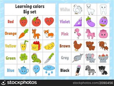 Learning colors. Flashcard for kids. Cute cartoon characters. Picture set for preschoolers. Education worksheet. Vector illustration.