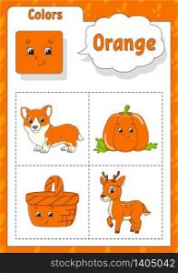 Learning colors. Orange color. Flashcard for kids. Cute cartoon characters. Picture set for preschoolers. Education worksheet. Vector illustration.