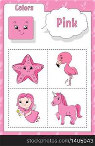 Learning colors. Pink color. Flashcard for kids. Cute cartoon characters. Picture set for preschoolers. Education worksheet. Vector illustration.