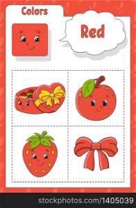 Learning colors. Red color. Flashcard for kids. Cute cartoon characters. Picture set for preschoolers. Education worksheet. Vector illustration.