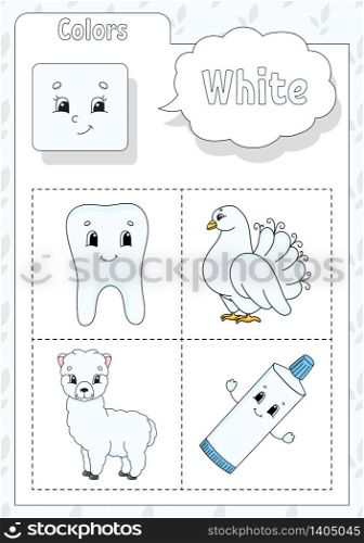 Learning colors. White color. Flashcard for kids. Cute cartoon characters. Picture set for preschoolers. Education worksheet. Vector illustration.