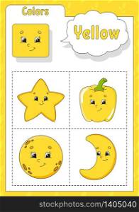 Learning colors. Yellow color. Flashcard for kids. Cute cartoon characters. Picture set for preschoolers. Education worksheet. Vector illustration.