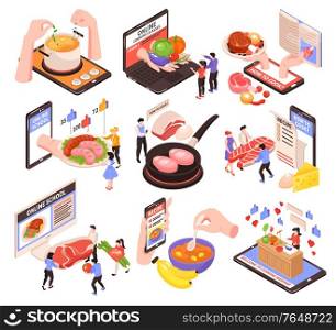 Learning cooking online isometric set with menu recipes lessons blogs tutorials on tablet mobile screen vector illustration