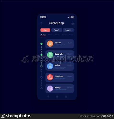 Learning courses list night mode smartphone interface vector template. Studying remotely. Mobile app page design layout. Student lessons management screen. Flat UI for application. Phone display. Learning courses list night mode smartphone interface vector template