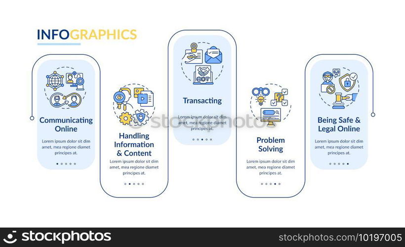 Learning digital skills vector infographic template. Digitalization presentation design elements. Data visualization with 5 steps. Process timeline chart. Workflow layout with linear icons. Learning digital skills vector infographic template