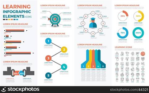 Learning, education, school, method infographic element with illustrations and icons for data report and information presentation