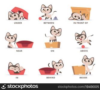 Learning english prepositions. Preschool grammar cute kitty playing with box prepositions on above under near in and on vector set. Illustration english education language, preposition for position. Learning english prepositions. Preschool grammar cute kitty playing with box prepositions on above under near in and on vector set