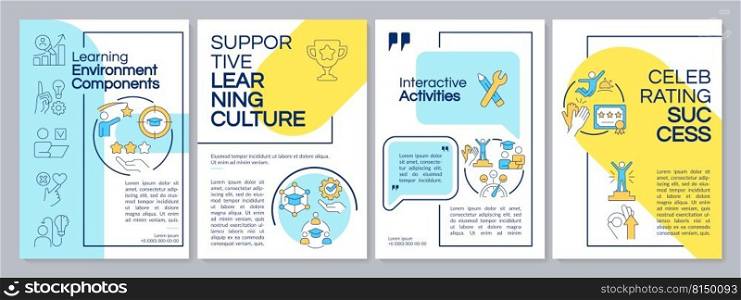 Learning environment blue and yellow brochure template. Leaflet design with linear icons. Editable 4 vector layouts for presentation, annual reports. Questrial, Lato-Regular fonts used. Learning environment blue and yellow brochure template