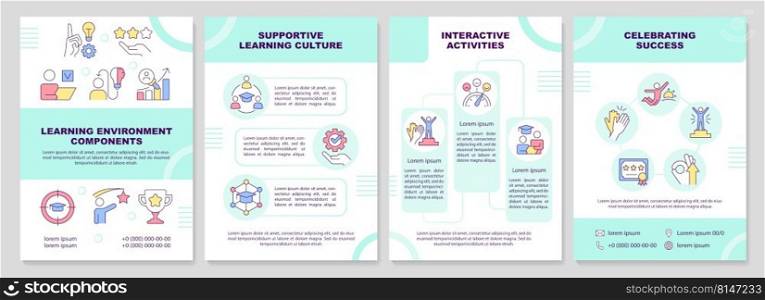 Learning environment turquoise brochure template. Leaflet design with linear icons. Editable 4 vector layouts for presentation, annual reports. Arial-Black, Myriad Pro-Regular fonts used. Learning environment turquoise brochure template