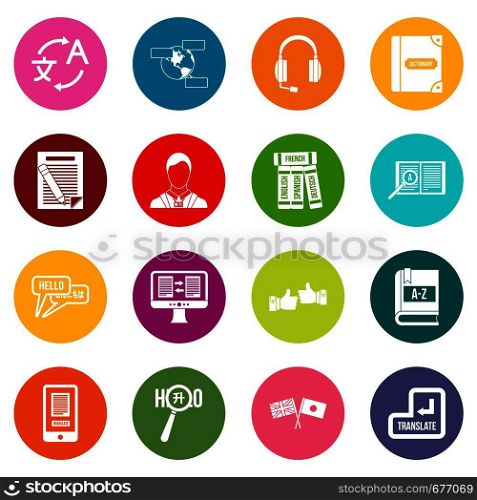 Learning foreign languages icons many colors set isolated on white for digital marketing. Learning foreign languages icons many colors set