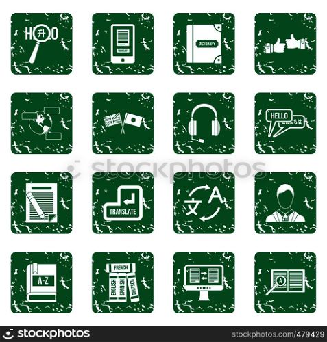 Learning foreign languages icons set in grunge style green isolated vector illustration. Learning foreign languages icons set grunge