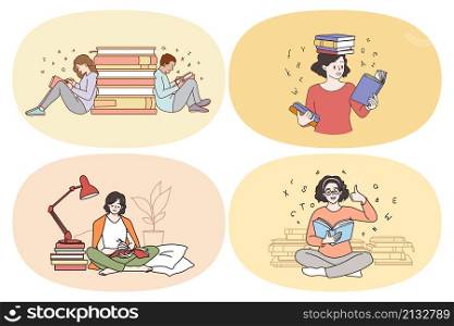 Learning from books and education concept. Set of young smiling people students pupils reading books with interest doing homework getting knowledge vector illustration. Learning from books and education concept