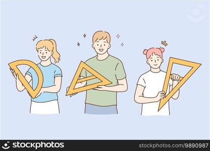 Learning geometry and school lifestyle concept. Happy children pupils cartoon characters holding triangle and ruler in hands ready for class or lesson vector illustration . Learning geometry and school lifestyle concept