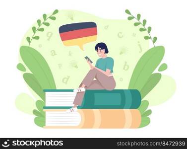 Learning German language with mobile app 2D vector isolated illustration. Student with smartphone flat character on cartoon background. Colourful editable scene for website, presentation. Learning German language with mobile app 2D vector isolated illustration