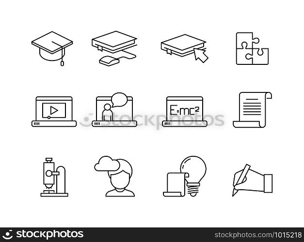 Learning icon. Online education training courses special school or university app vector linear symbols isolated. Study technology, education training online illustration. Learning icon. Online education training courses special school or university app vector linear symbols isolated