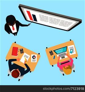 Learning in a small group, individual studying vector concept illustration top view. Learning in group, individual studying vector illustration