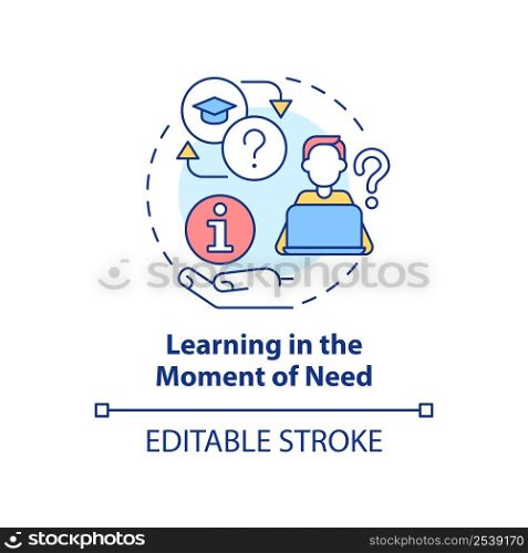 Learning in moment of need concept icon. Top skill to learn abstract idea thin line illustration. Improve task competency. Isolated outline drawing. Editable stroke. Arial, Myriad Pro-Bold fonts used. Learning in moment of need concept icon