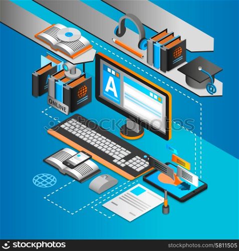 Learning Isometric Concept . Learning isometric concept with computer smartphone and books on blue background vector illustration
