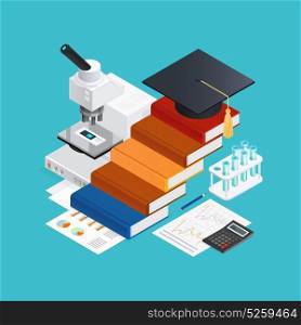 Learning Isometric Design Concept. Learning isometric design concept with stairs from books academic hat educational accessories on blue background vector illustration