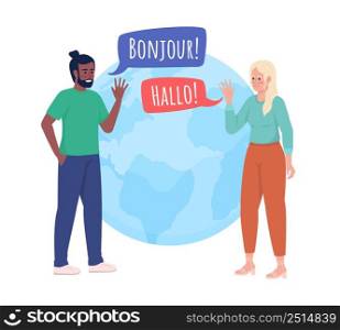Learning language with friend 2D vector isolated illustration. Language learners flat characters on cartoon background. Colourful scene for mobile, website, presentation. Amatic SC font used. Learning language with friend 2D vector isolated illustration