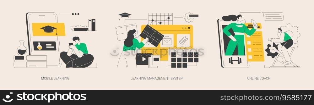 Learning management system abstract concept vector illustration set. Mobile learning application, online coach, software application, training course, tutor program classroom access abstract metaphor.. Learning management system abstract concept vector illustrations.